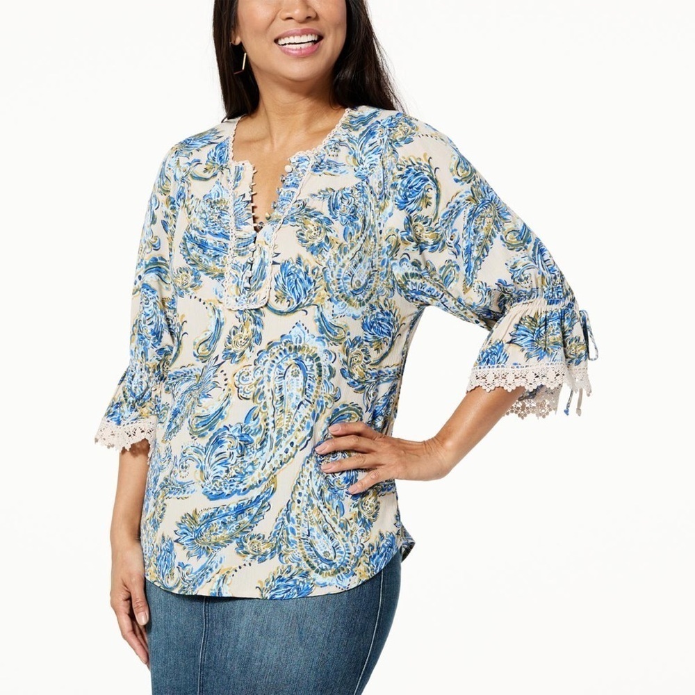 Democracy Flounce-Sleeve Half Placket Printed Top Size Petite Large